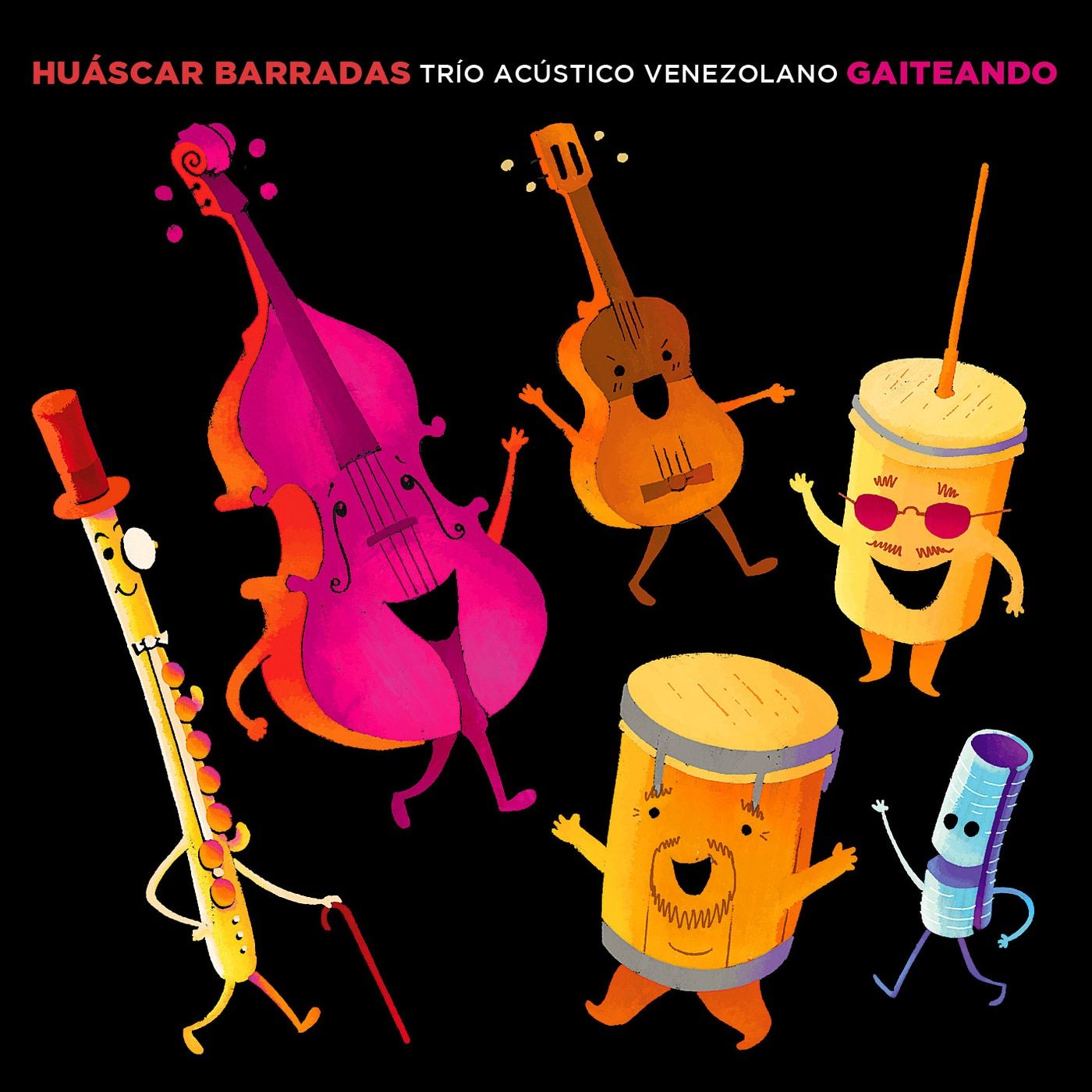 Portada de Gaiteando: sobre fondo negro, instrumentos antropomorfos bailando —contrabajo fucsia, cuatro, furro, tambora y charrasca—.