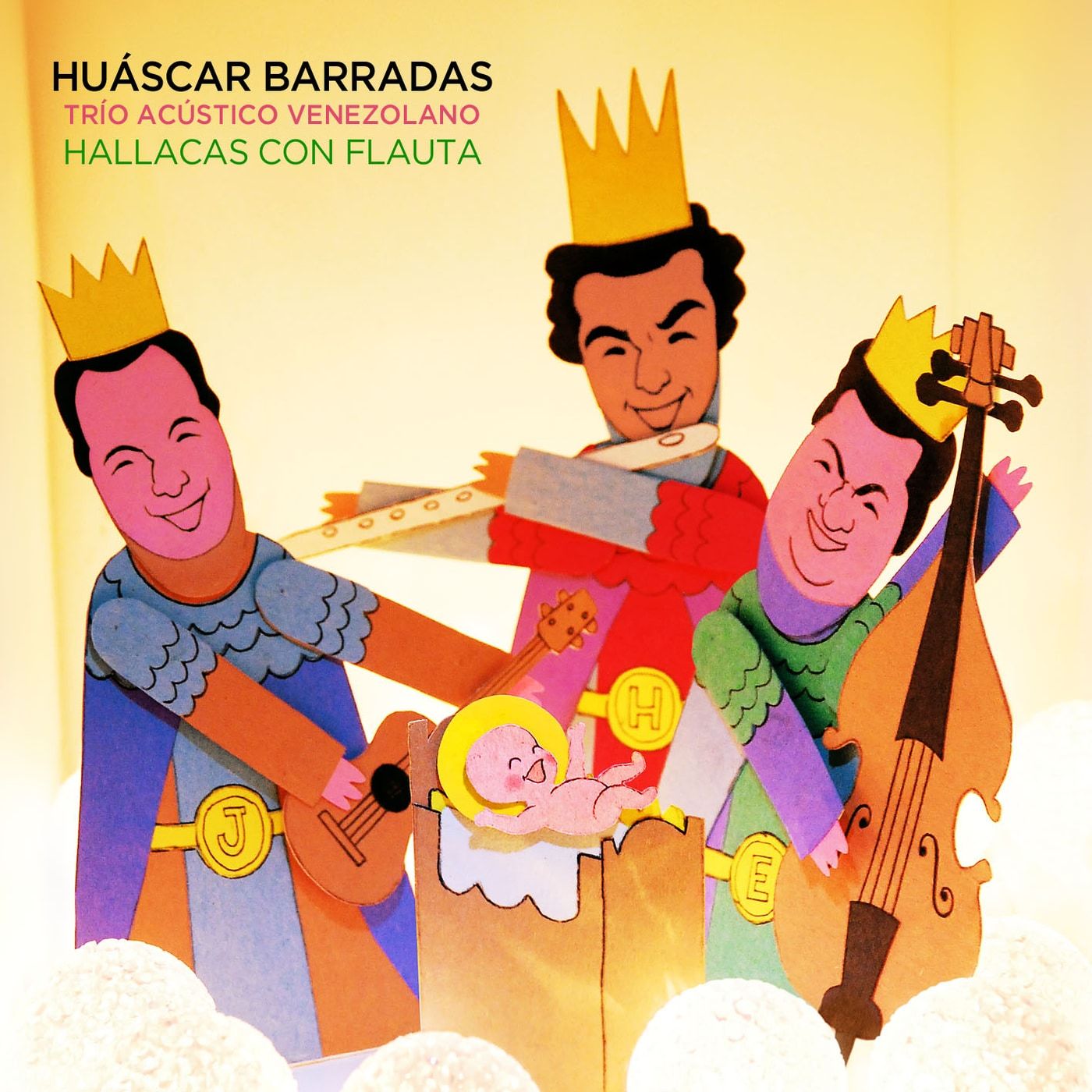 Portada de Hallacas con Flauta: ilustración de papel recortado con tres reyes magos tocando cuatro, flauta y contrabajo junto a un pesebre.