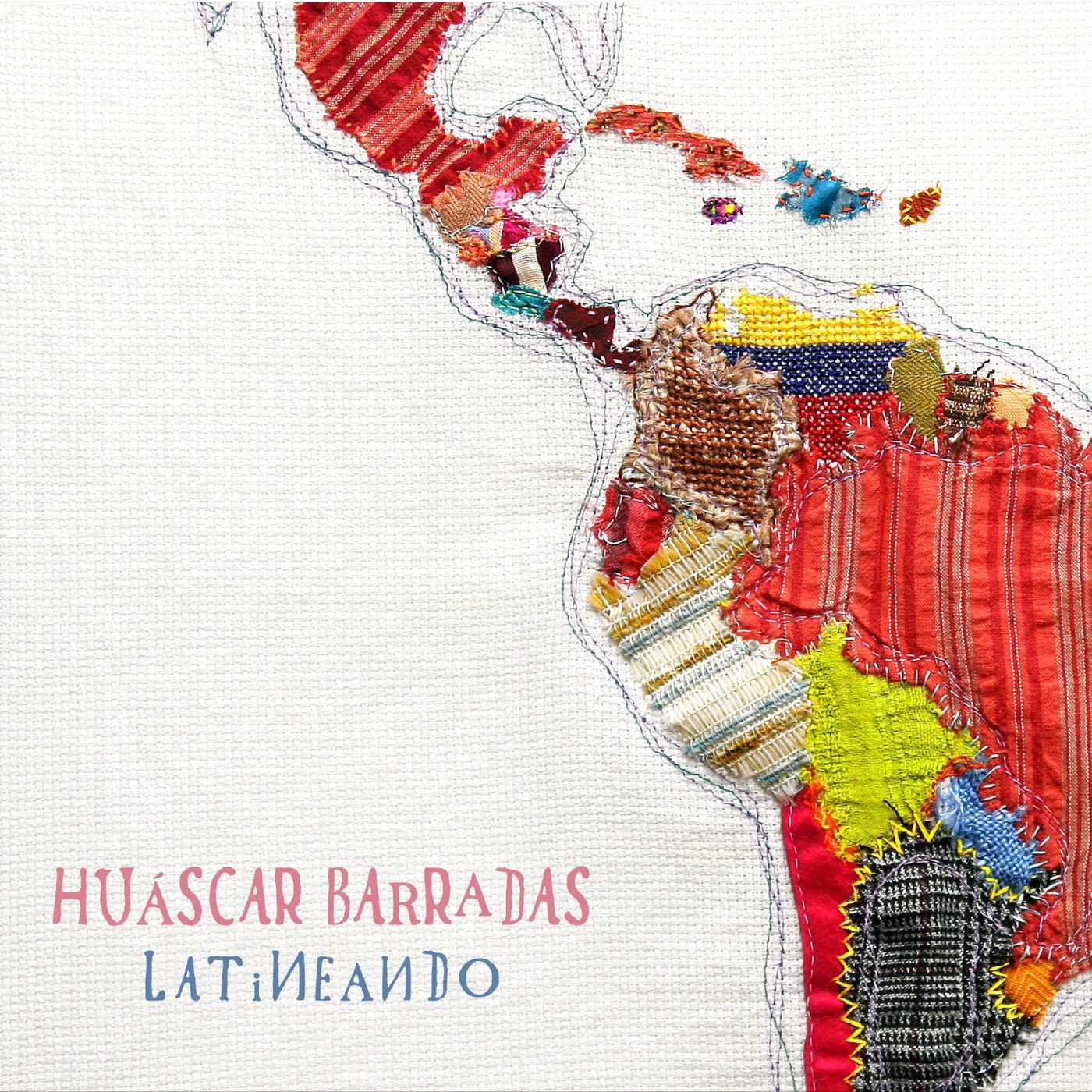 Imagen provisional: el arte del disco Latineando, un mapa de Latinoamérica bordado en tela.